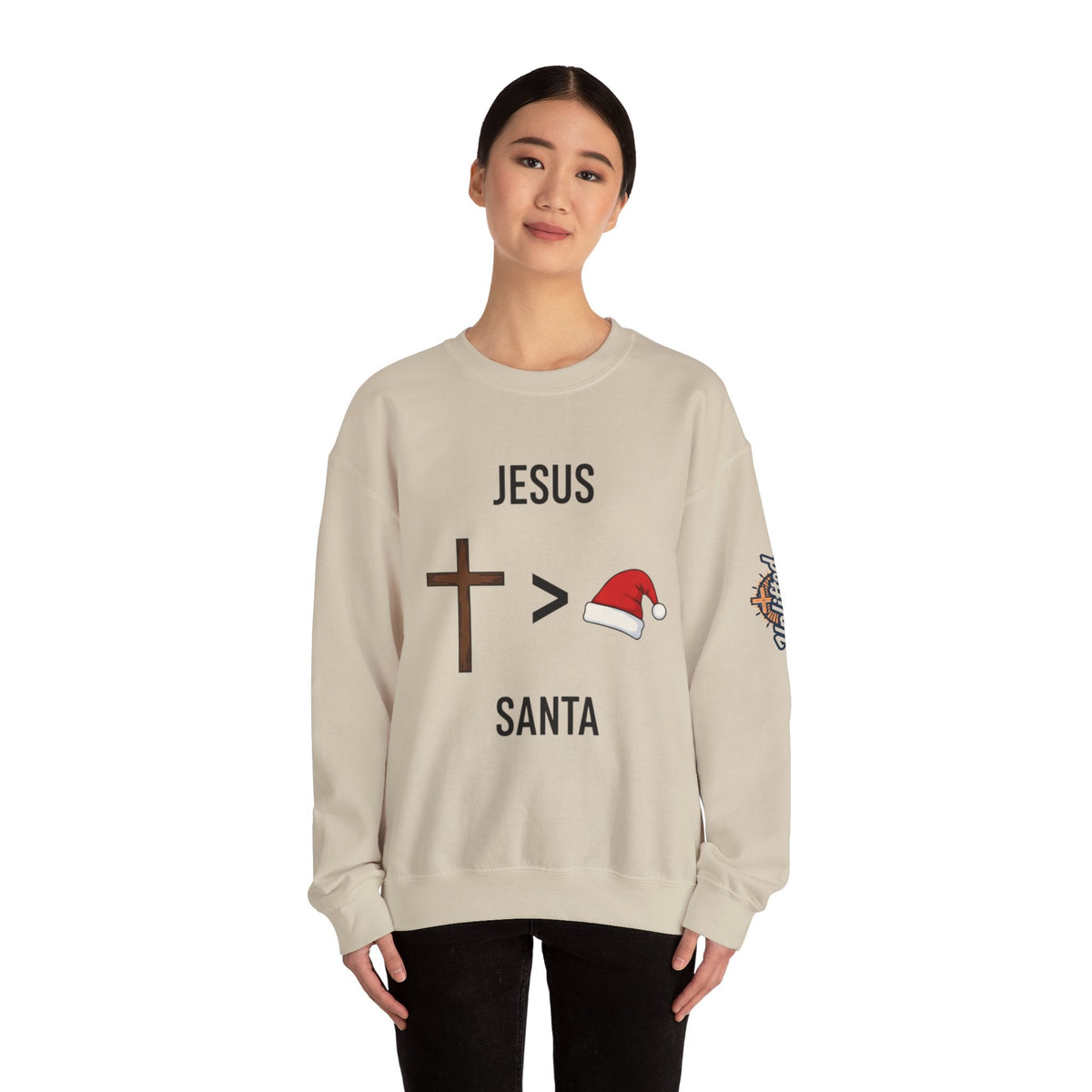 🎄 Jesus > Santa – Minimalist Christian Christmas Sweatshirt | Bold Faith Over Holiday Tee | Cross vs Santa Hat Design | Uplifted Gear Printify