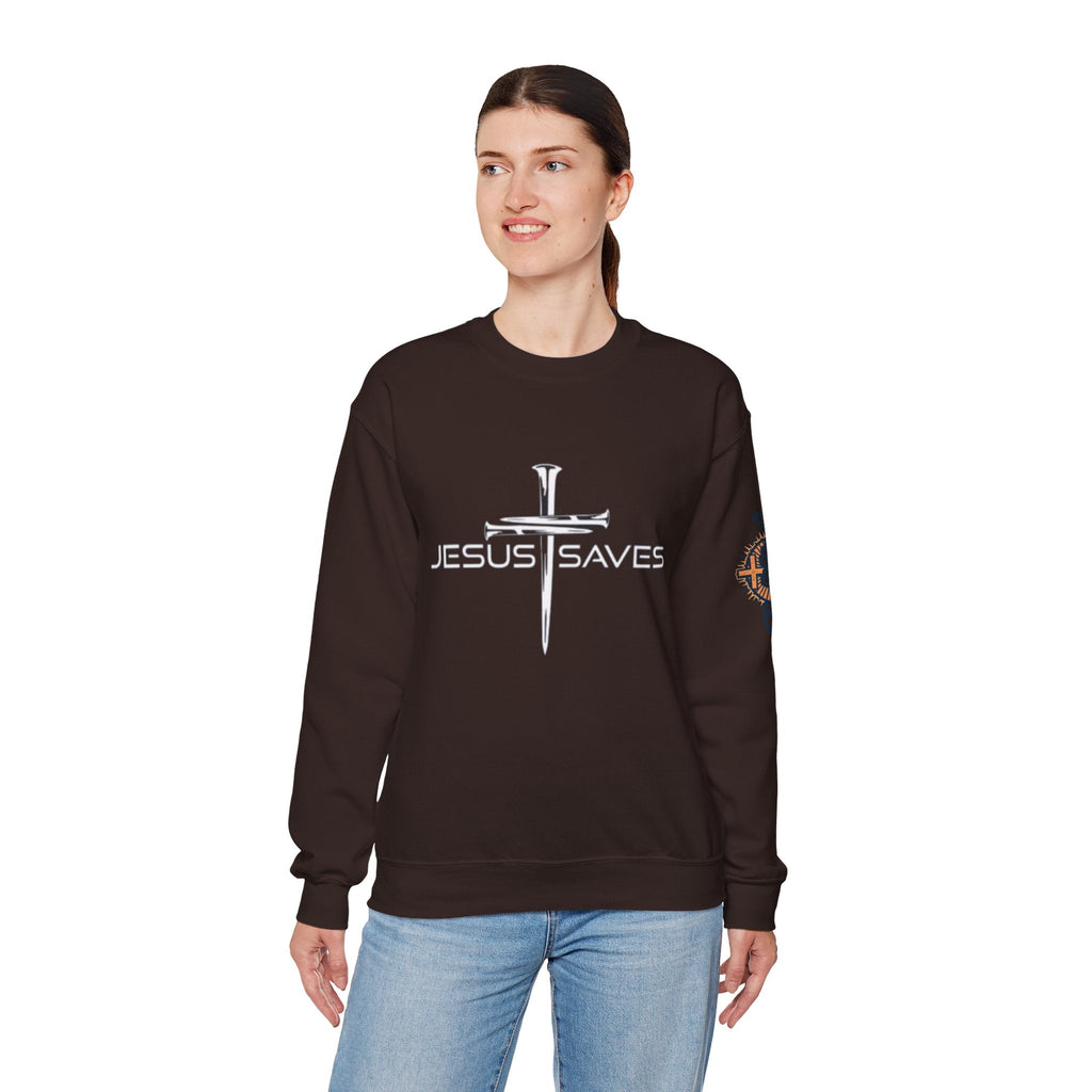 Jesus Saves Sweatshirt – 3 Nails Crucifix Cross Christian Sweatshirt for Redemption Faith & Bold Salvation Printify