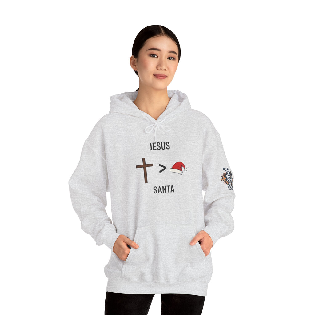 🎄 Jesus > Santa – Minimalist Christian Christmas Hoodie | Bold Faith Over Holiday Tee | Cross vs Santa Hat Design | Uplifted Gear Printify