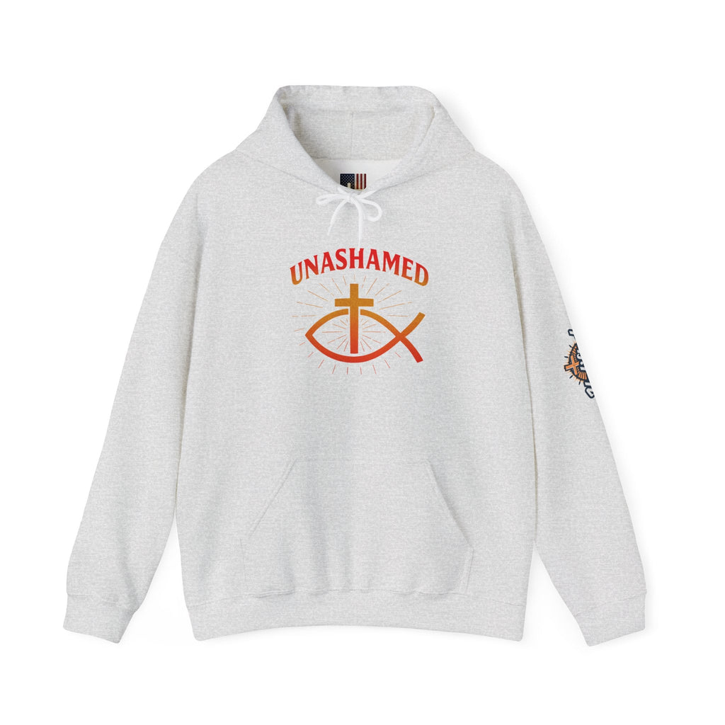 Unashamed Hoodie – Ichthys Jesus Fish & Cross Christian Sweatshirt for Romans 1:16 Bold Faith Printify