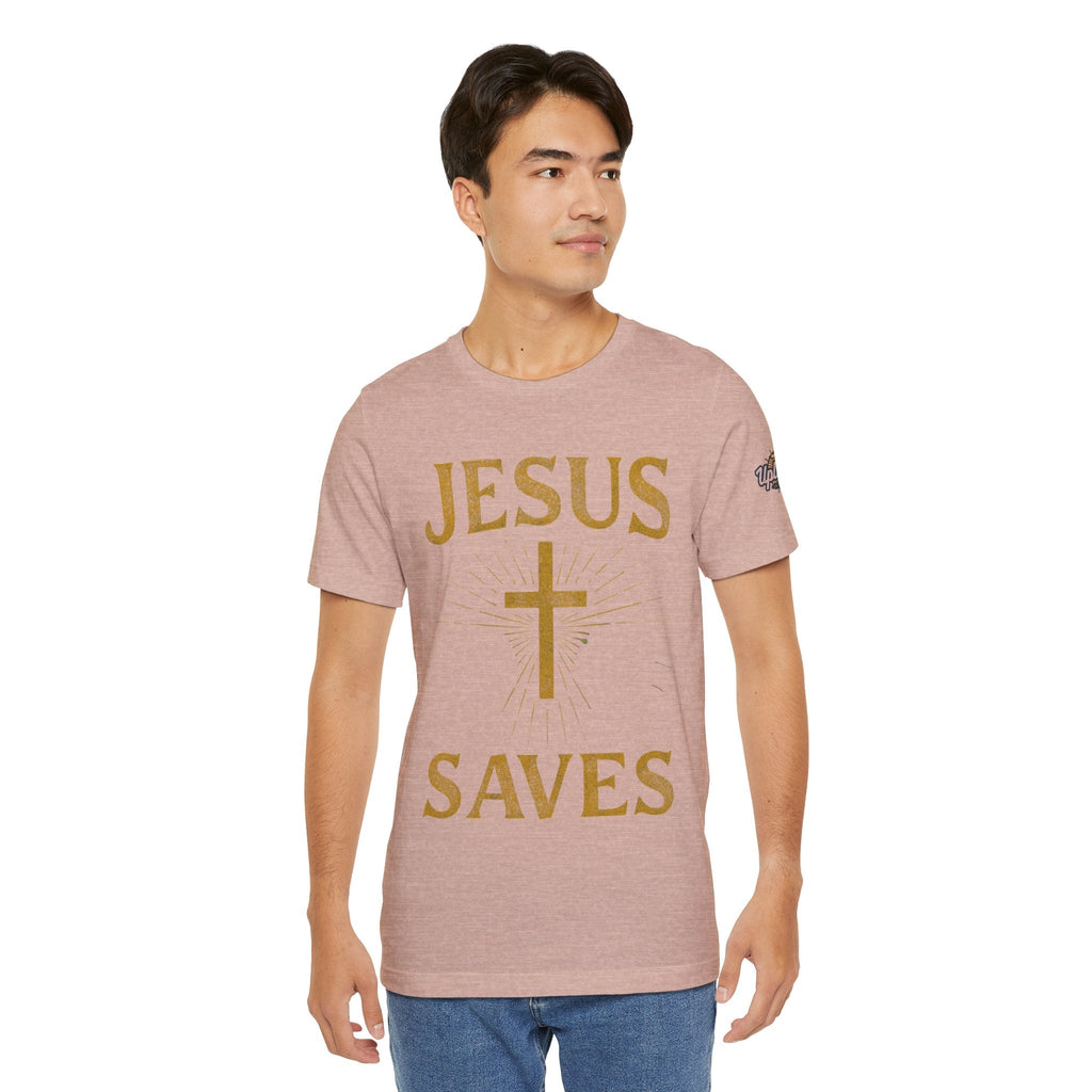 Jesus Saves T-shirt – Radiant Cross & Rays of Light Christian T-shirt for Eternal Hope & Faith Printify