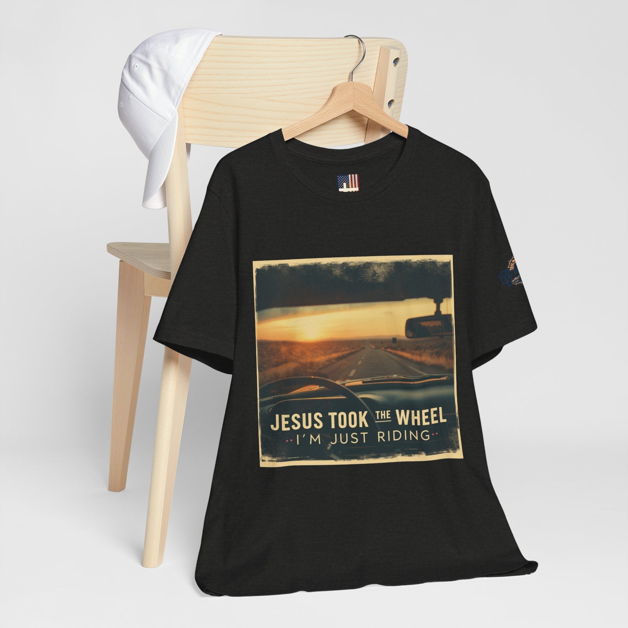 Jesus Took the Wheel I'm Just Riding T-shirt – Funny Christian Convertible Car T-shirt for Surrendered Faith & Humor Printify