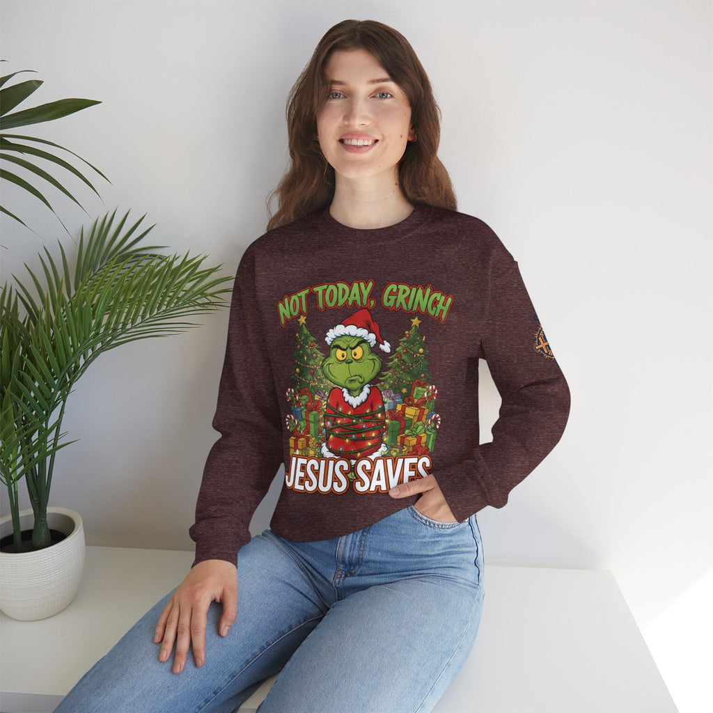 🎄 Not Today, Grinch – Jesus Saves | Funny Christian Christmas Sweatshirt | Sulking Grinch & Glowing Cross | Bold Neon Faith Tee by Uplifted Gear Printify