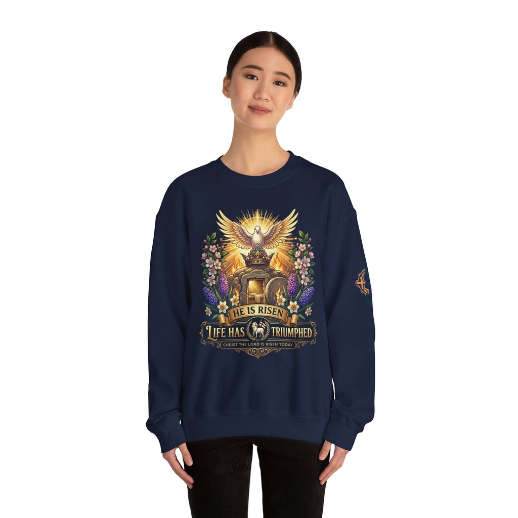 He Is Risen "Life Has Triumphed" Sweatshirt — Easter Resurrection Christian Sweatshirt Printify