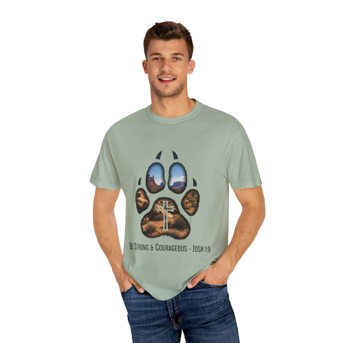 Strong and Courageous T-Shirt – Canine Pawprint Desert Joshua 1:9 Christian Tee Printify