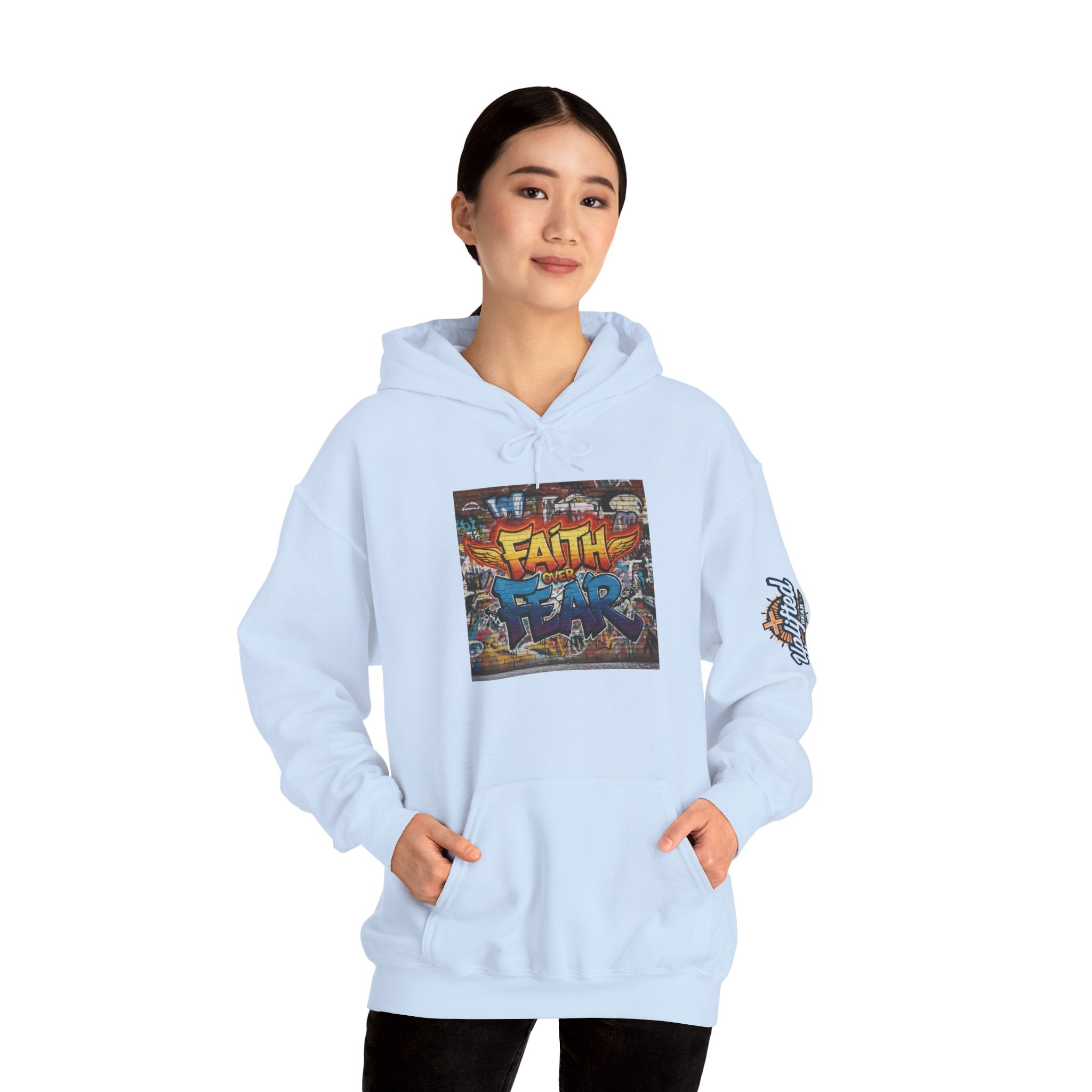 Faith Over Fear Hoodie – Graffiti Wall Christian Sweatshirt for Bold 2 Corinthians 5:7 Streetwear & Unshakable Faith Printify