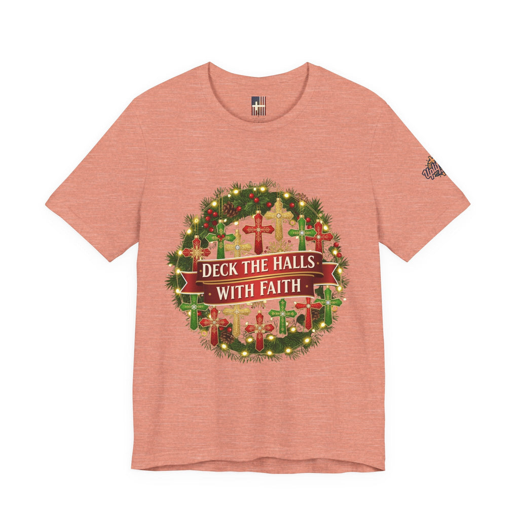🎄 Deck the Halls with Faith – Christian Christmas T-Shirt | Cross Ornament Design & Festive Garland | Bold Holiday Faith Tee by Uplifted Gear Printify