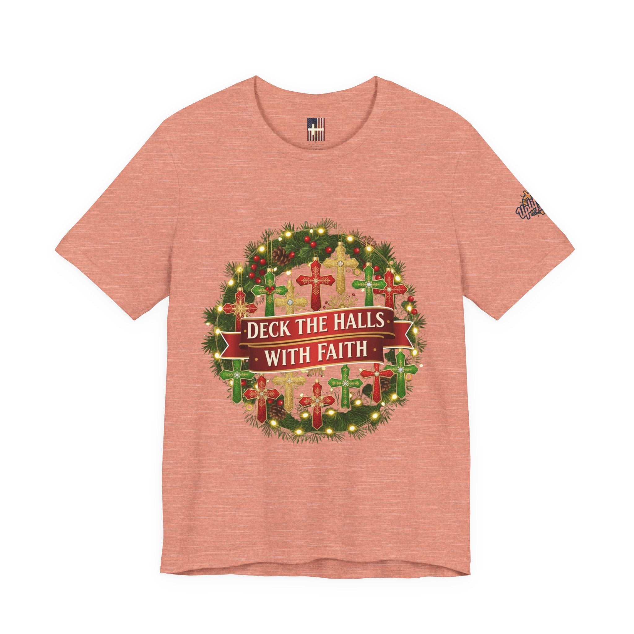 🎄 Deck the Halls with Faith – Christian Christmas T-Shirt | Cross Ornament Design & Festive Garland | Bold Holiday Faith Tee by Uplifted Gear Printify
