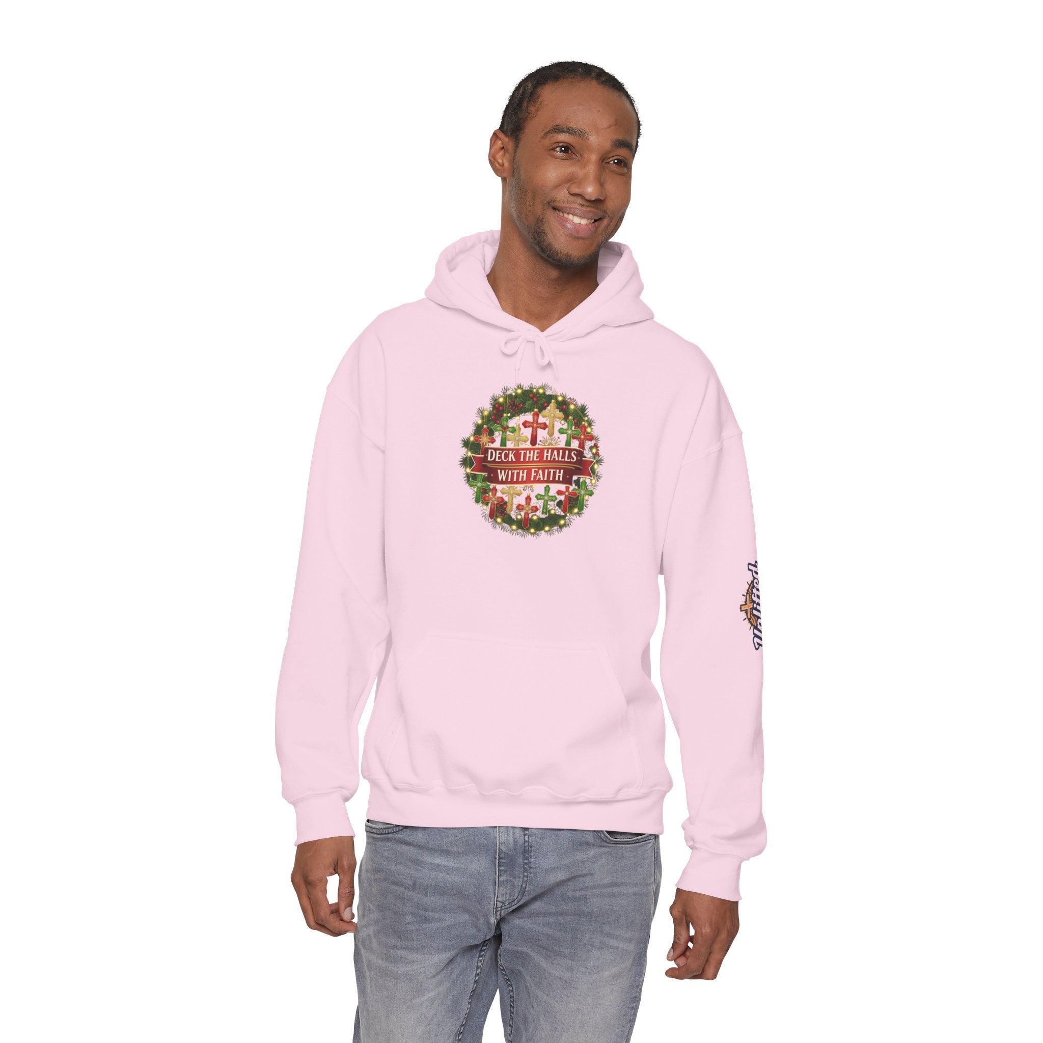 🎄 Deck the Halls with Faith – Christian Christmas Hoodie | Cross Ornament Design & Festive Garland | Bold Holiday Faith Tee by Uplifted Gear Printify