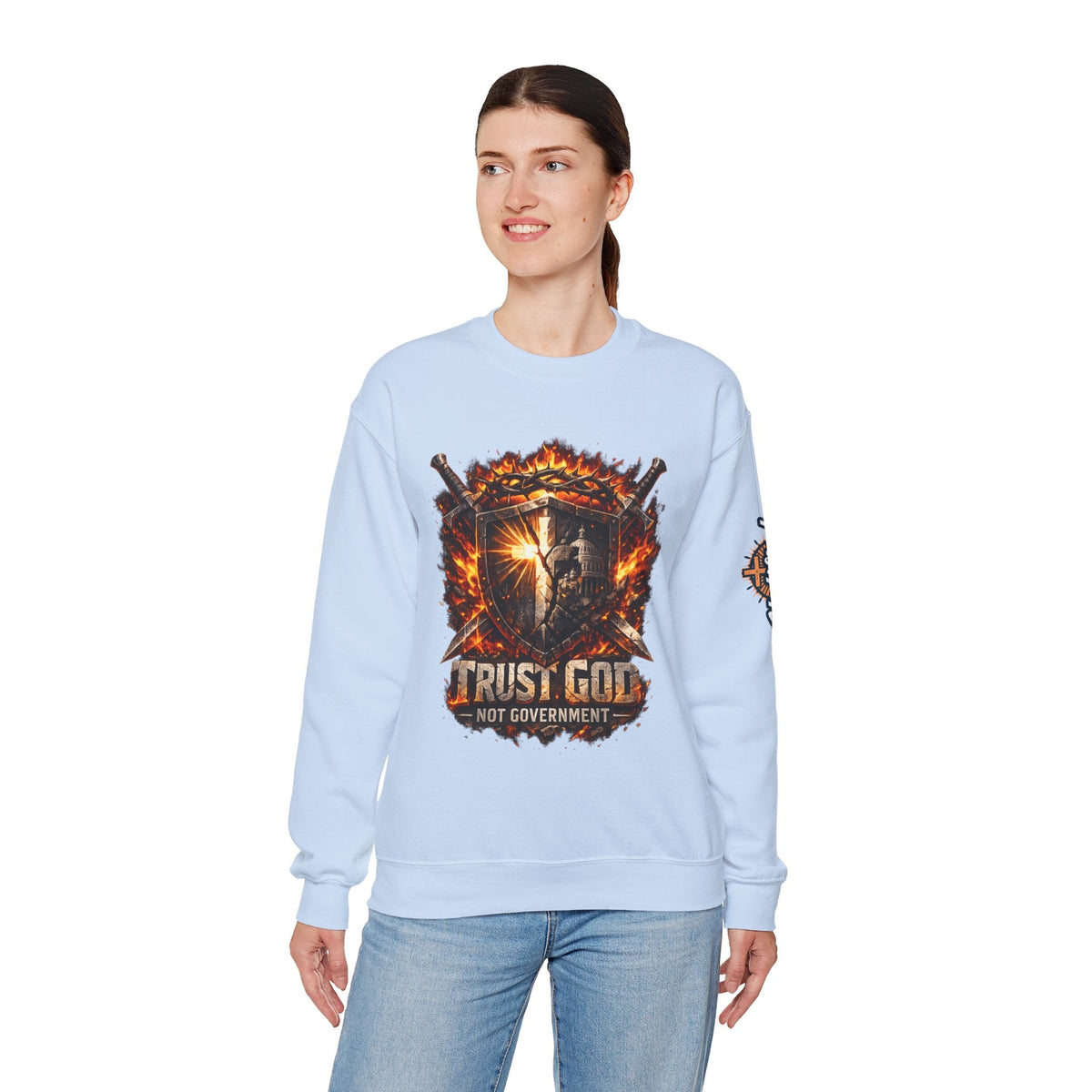 Trust God Not Government Shield Sweatshirt — Patriotic Christian Faith Sweatshirt Printify