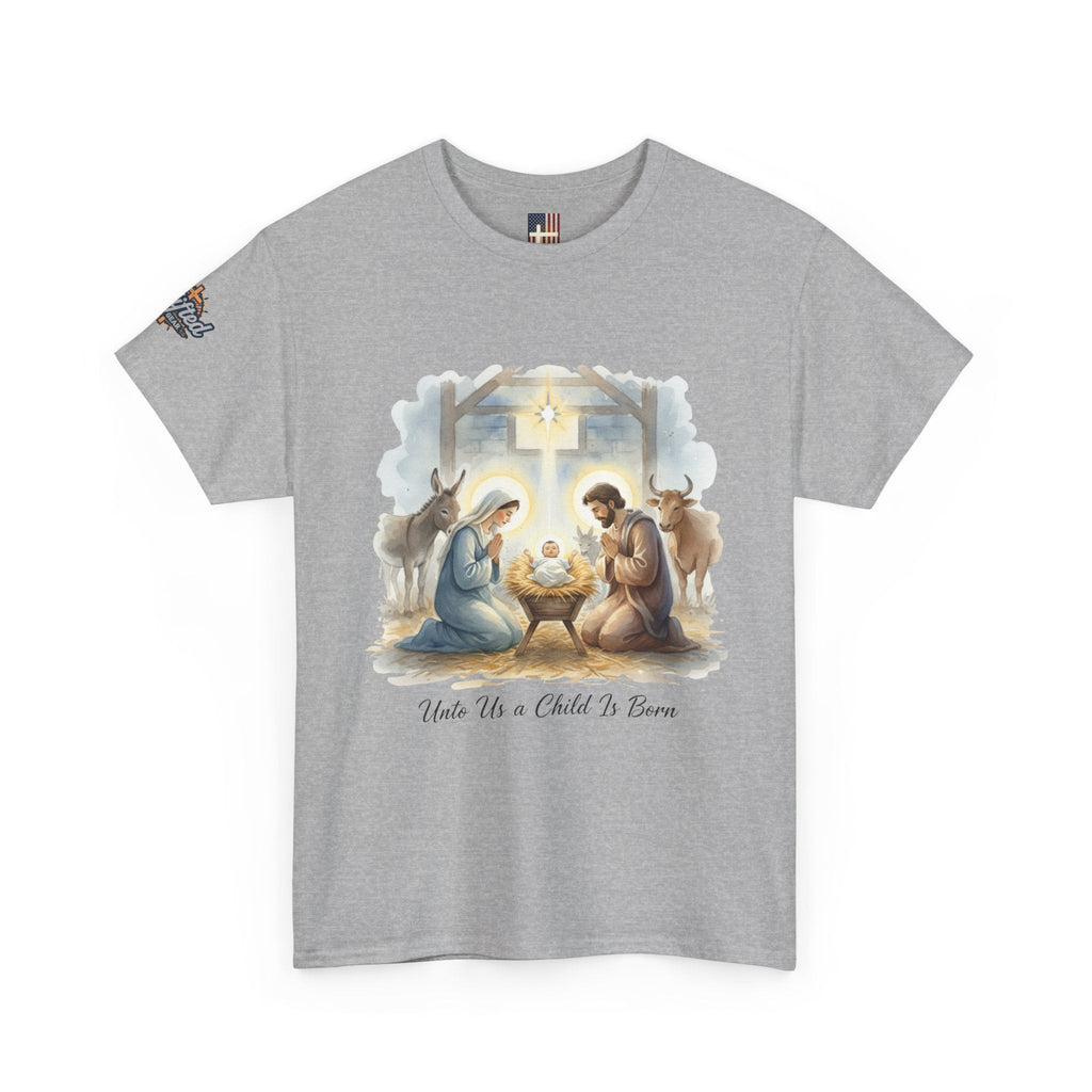 Unto Us a Child is Born T-shirt – Isaiah 9:6 Nativity Manger Scene Christian Christmas T-shirt for Holy Night Faith Printify
