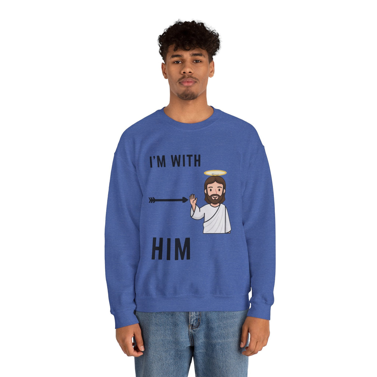 🔥 I’m With Him → Christian Sweatshirt | Arrow Pointing to Jesus | Minimalist Faith Tee | Subtle Cross Design | Bible-Inspired Apparel by Uplifted Gear Printify