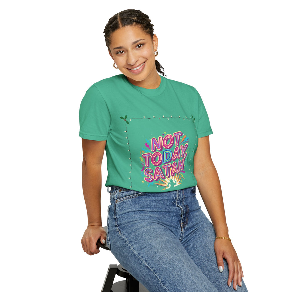 🔥 Not Today, Satan – Retro 90s Christian T-Shirt | Neon Faith Tee | Funky Cartoon Devil | Bold Bible Verse Shirt | Uplifted Gear Printify