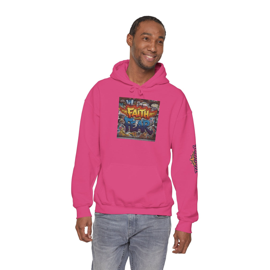 Faith Over Fear Hoodie – Graffiti Wall Christian Sweatshirt for Bold 2 Corinthians 5:7 Streetwear & Unshakable Faith Printify
