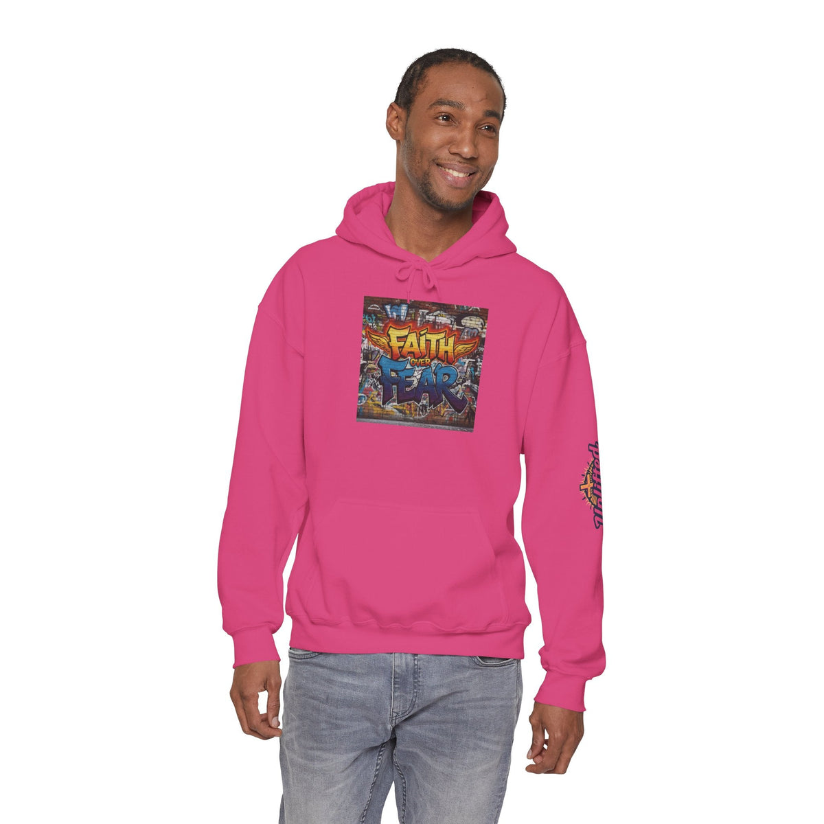 Faith Over Fear Hoodie – Graffiti Wall Christian Sweatshirt for Bold 2 Corinthians 5:7 Streetwear & Unshakable Faith Printify