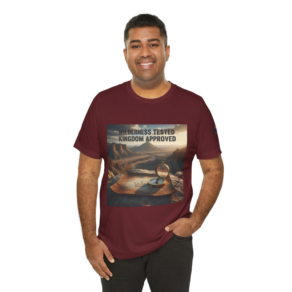 Wilderness Tested Kingdom Approved T-shirt – Mountain Desert Compass Crown Christian T-shirt for Biblical Adventure Faith Printify