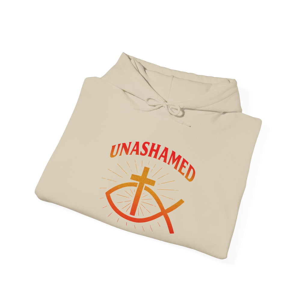 Unashamed Hoodie – Ichthys Jesus Fish & Cross Christian Sweatshirt for Romans 1:16 Bold Faith Printify