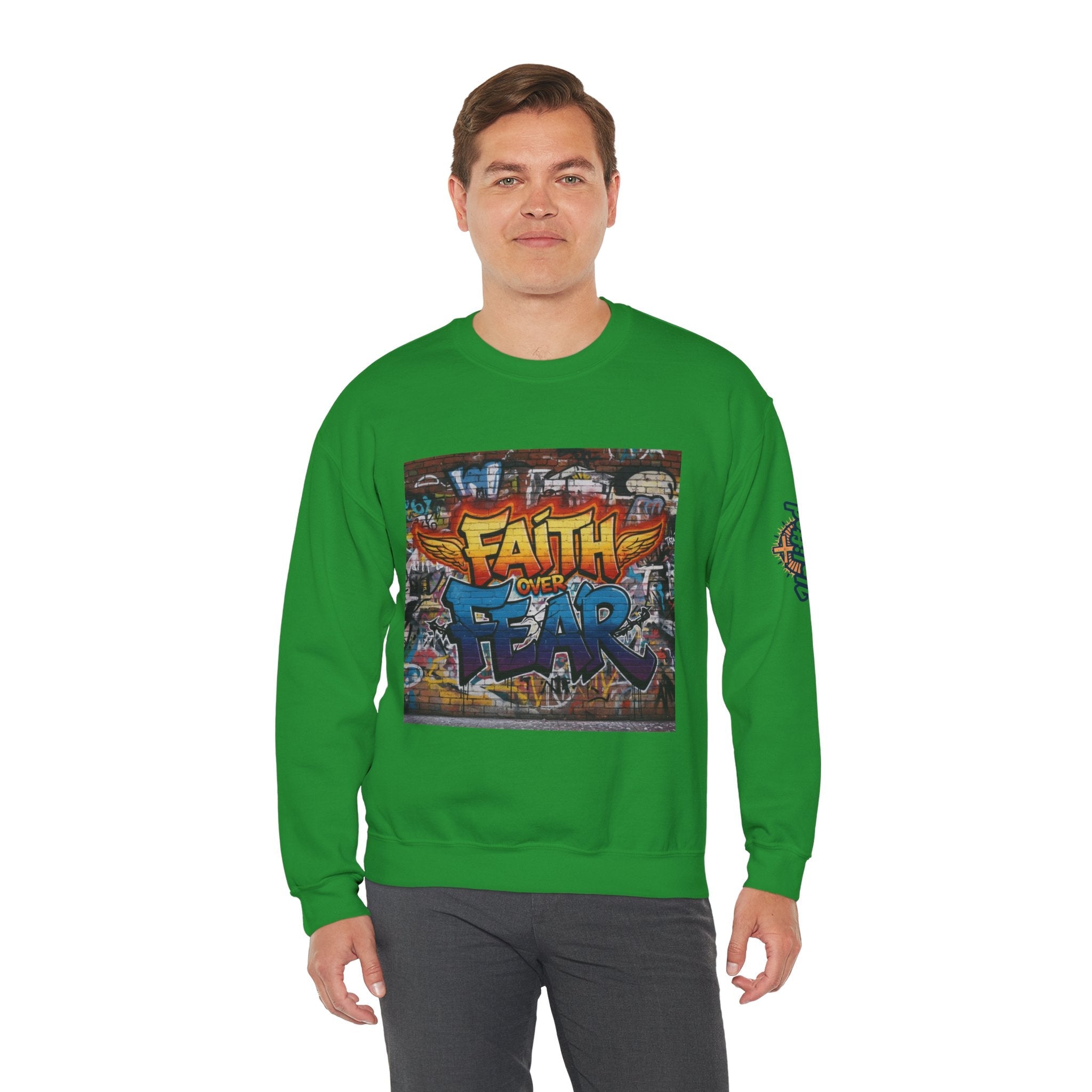 Faith Over Fear Sweatshirt – Graffiti Wall Christian Sweatshirt for Bold 2 Corinthians 5:7 Streetwear & Unshakable Faith Printify