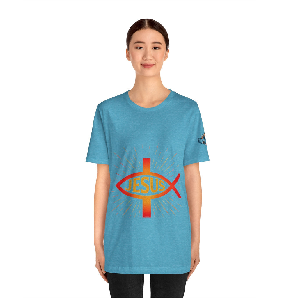 Jesus Ichthys T-shirt – Christian Fish Symbol with Cross & Jesus Inscription T-shirt for Eternal Faith & Streetwear Printify