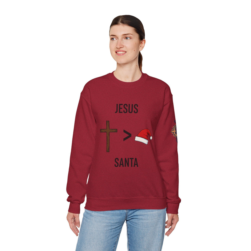 🎄 Jesus > Santa – Minimalist Christian Christmas Sweatshirt | Bold Faith Over Holiday Tee | Cross vs Santa Hat Design | Uplifted Gear Printify