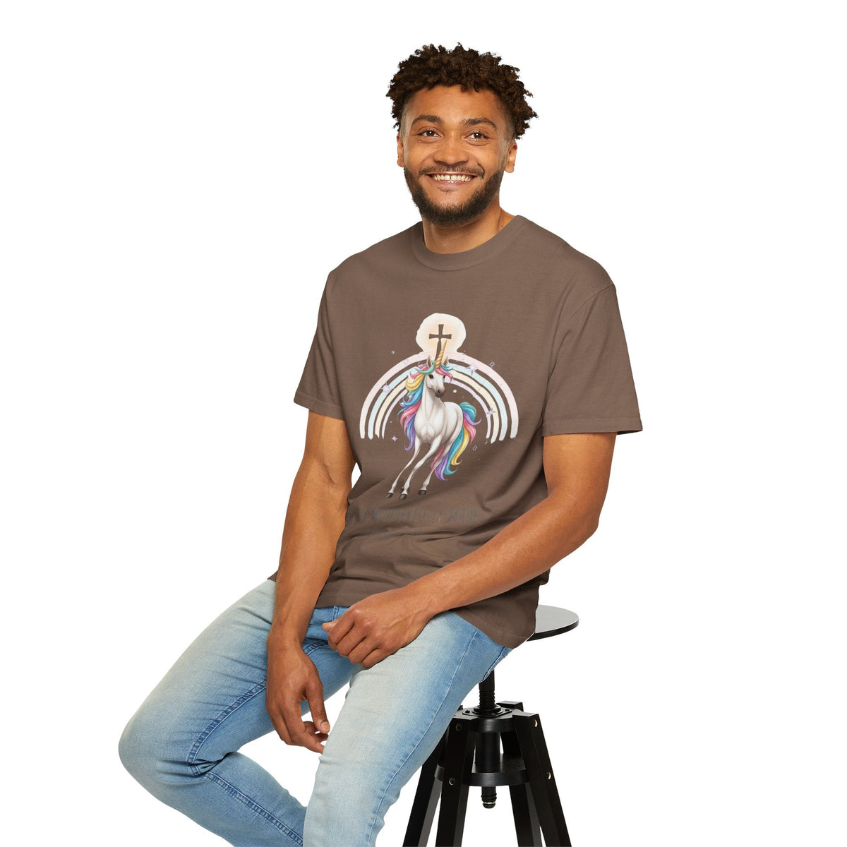 Unique Unicorn Christian T-Shirt – Wonderfully Made with Rainbow Cross & Psalm 139:14 Printify