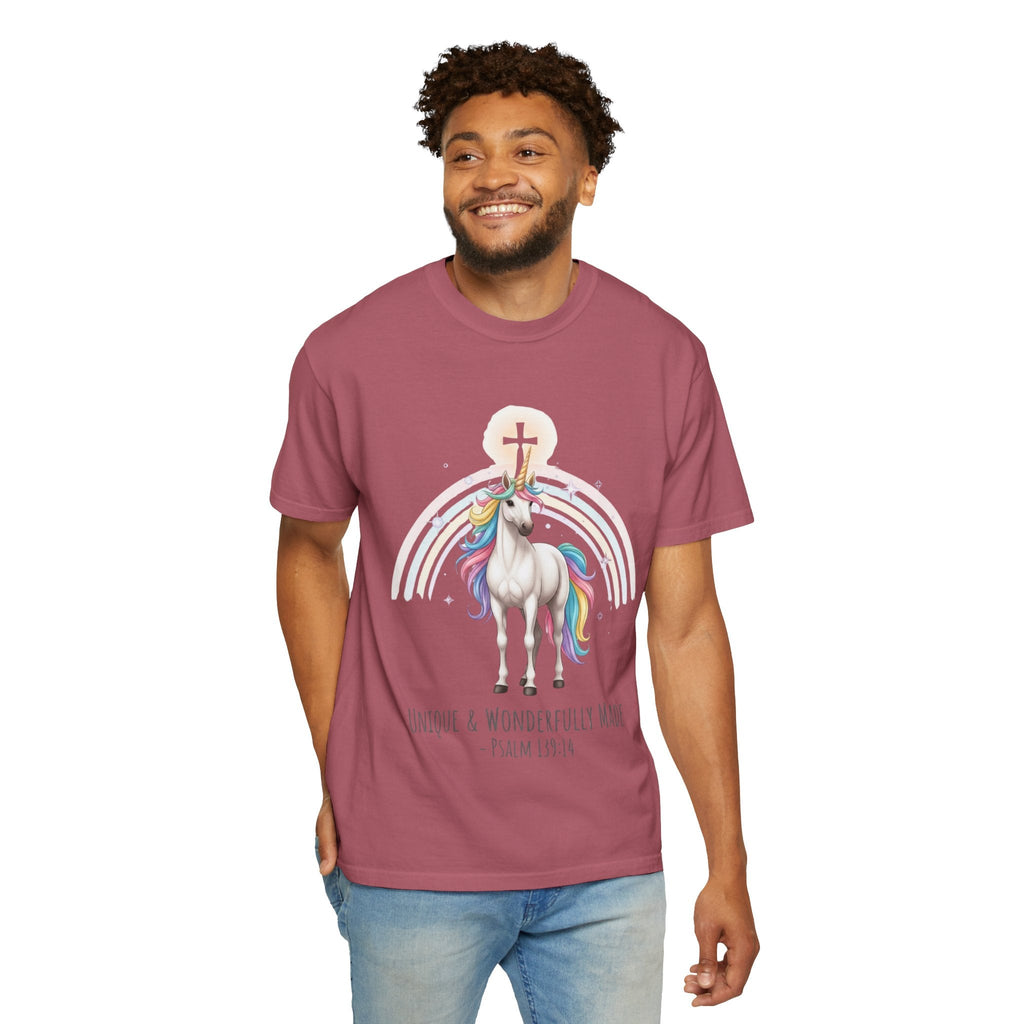 Unique Unicorn Christian T-Shirt – Wonderfully Made with Rainbow Cross & Psalm 139:14 Printify