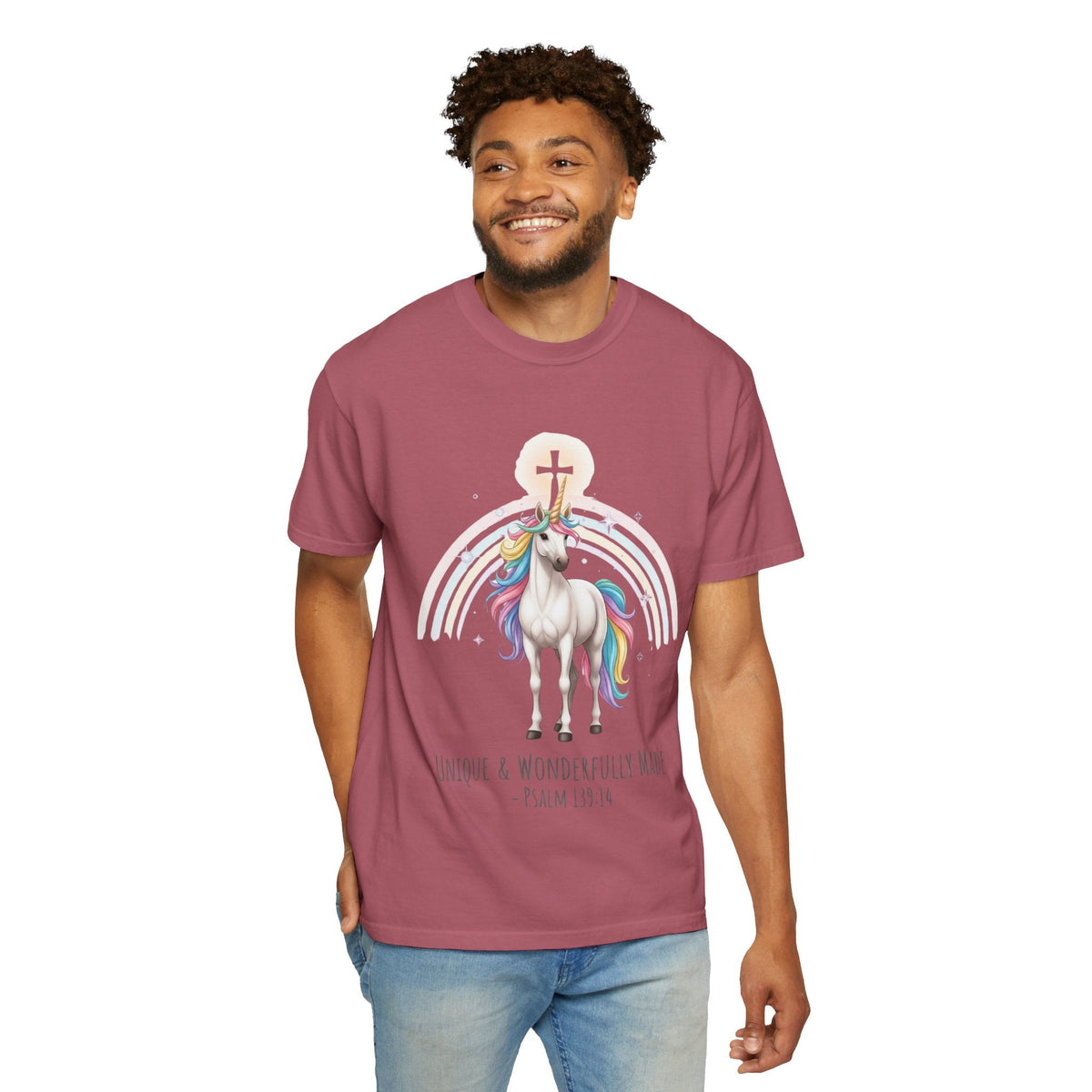 Unique Unicorn Christian T-Shirt – Wonderfully Made with Rainbow Cross & Psalm 139:14 Printify