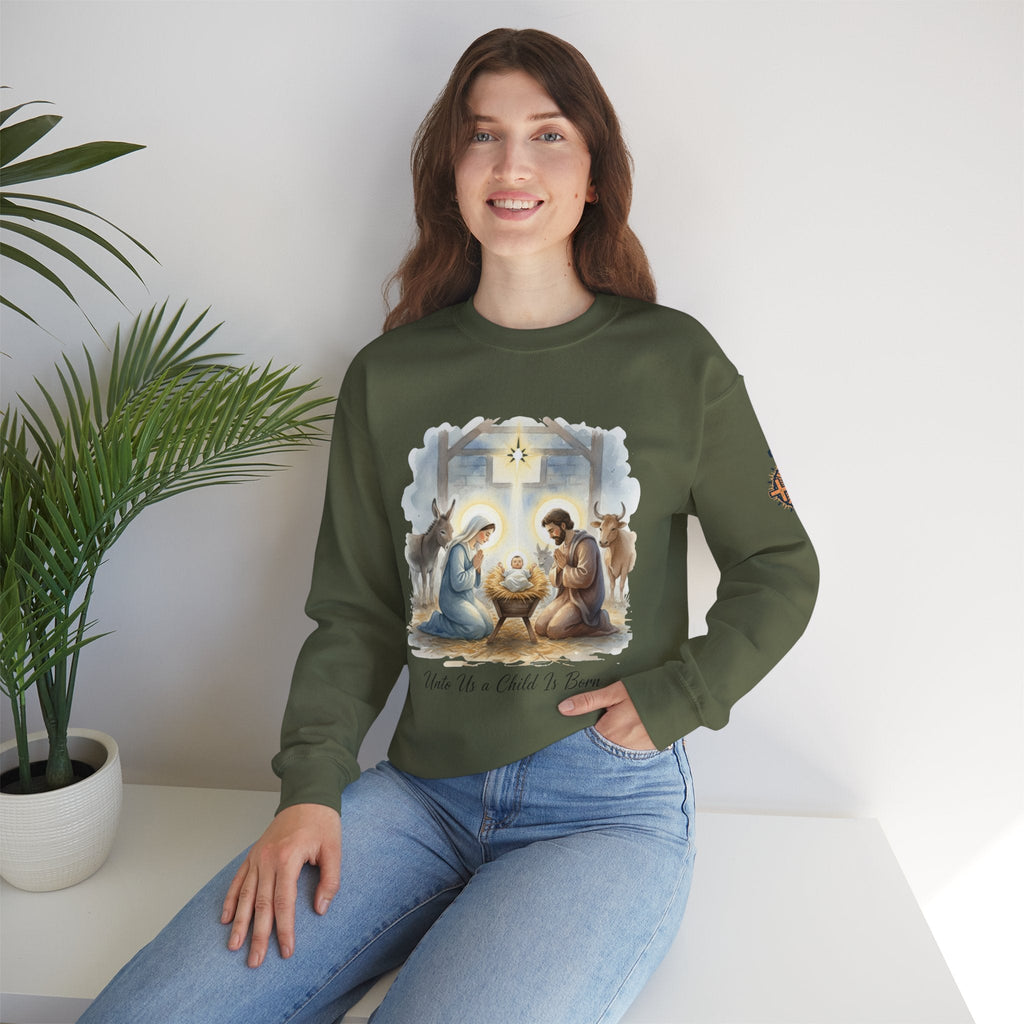 Unto Us a Child is Born Sweatshirt – Isaiah 9:6 Nativity Manger Scene Christian Christmas Sweatshirt for Holy Night Faith Printify