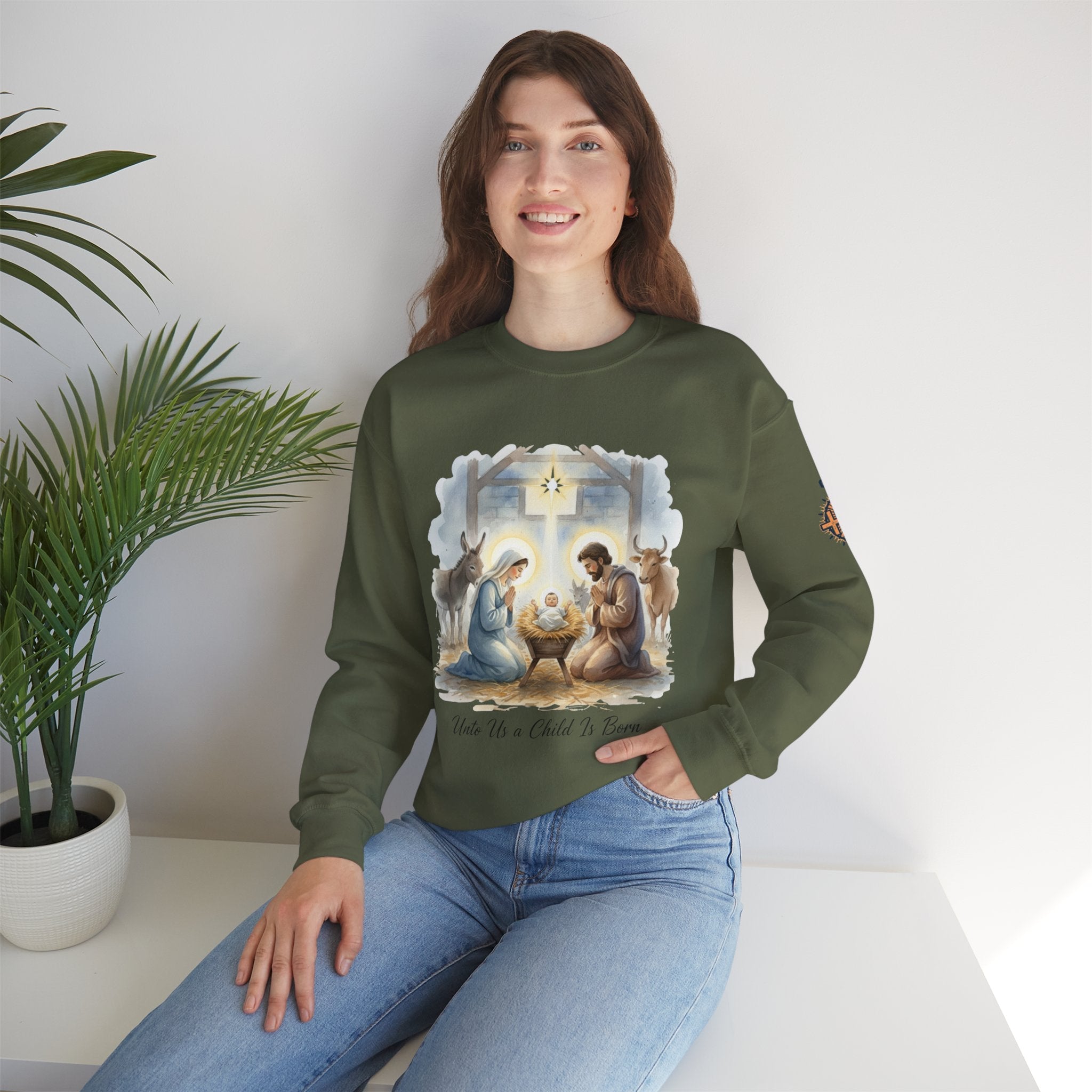 Unto Us a Child is Born Sweatshirt – Isaiah 9:6 Nativity Manger Scene Christian Christmas Sweatshirt for Holy Night Faith Printify