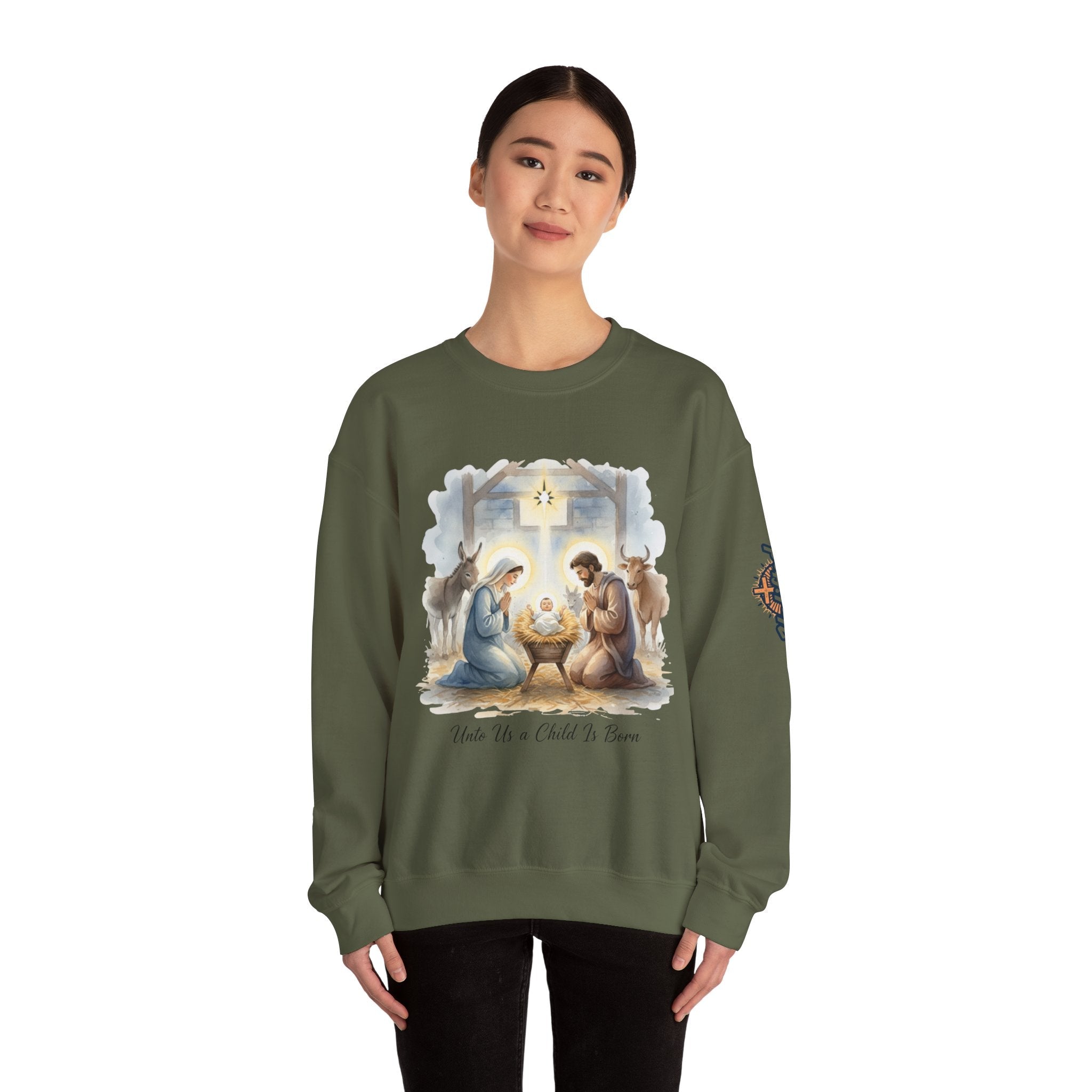 Unto Us a Child is Born Sweatshirt – Isaiah 9:6 Nativity Manger Scene Christian Christmas Sweatshirt for Holy Night Faith Printify