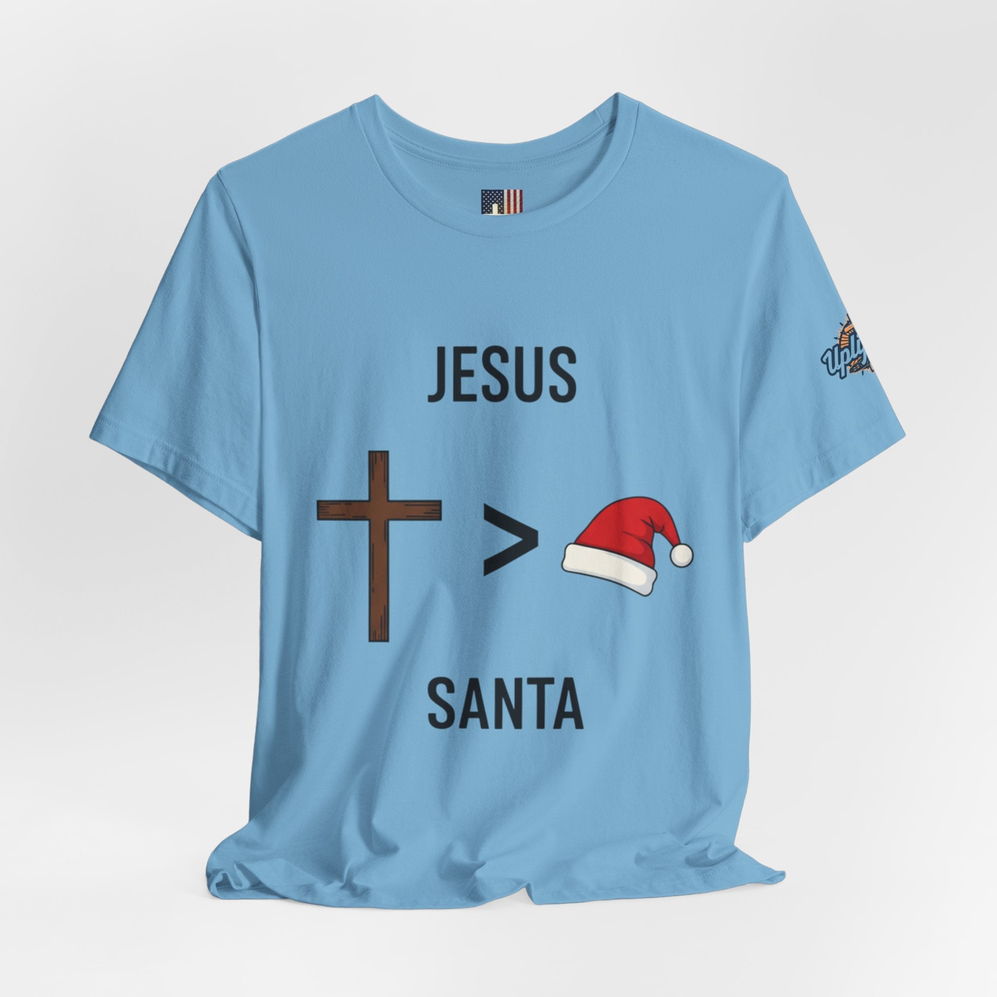 🎄 Jesus > Santa – Minimalist Christian Christmas T-Shirt | Bold Faith Over Holiday Tee | Cross vs Santa Hat Design | Uplifted Gear Printify