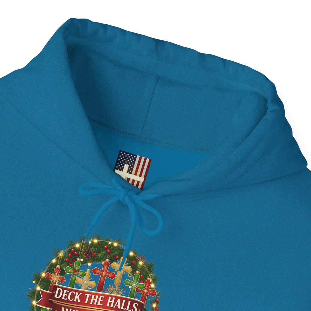 🎄 Deck the Halls with Faith – Christian Christmas Hoodie | Cross Ornament Design & Festive Garland | Bold Holiday Faith Tee by Uplifted Gear Printify