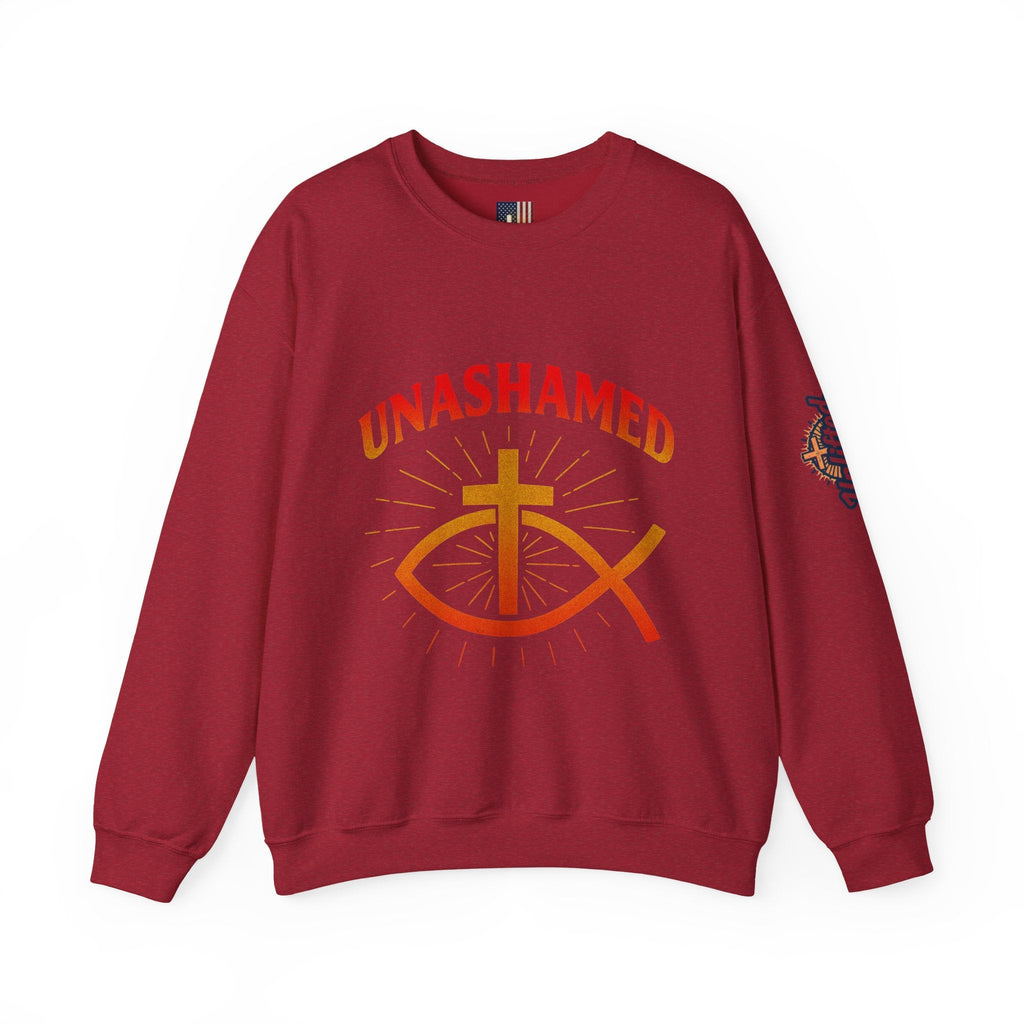 Unashamed Sweatshirt – Ichthys Jesus Fish & Cross Christian Sweatshirt for Romans 1:16 Bold Faith Printify
