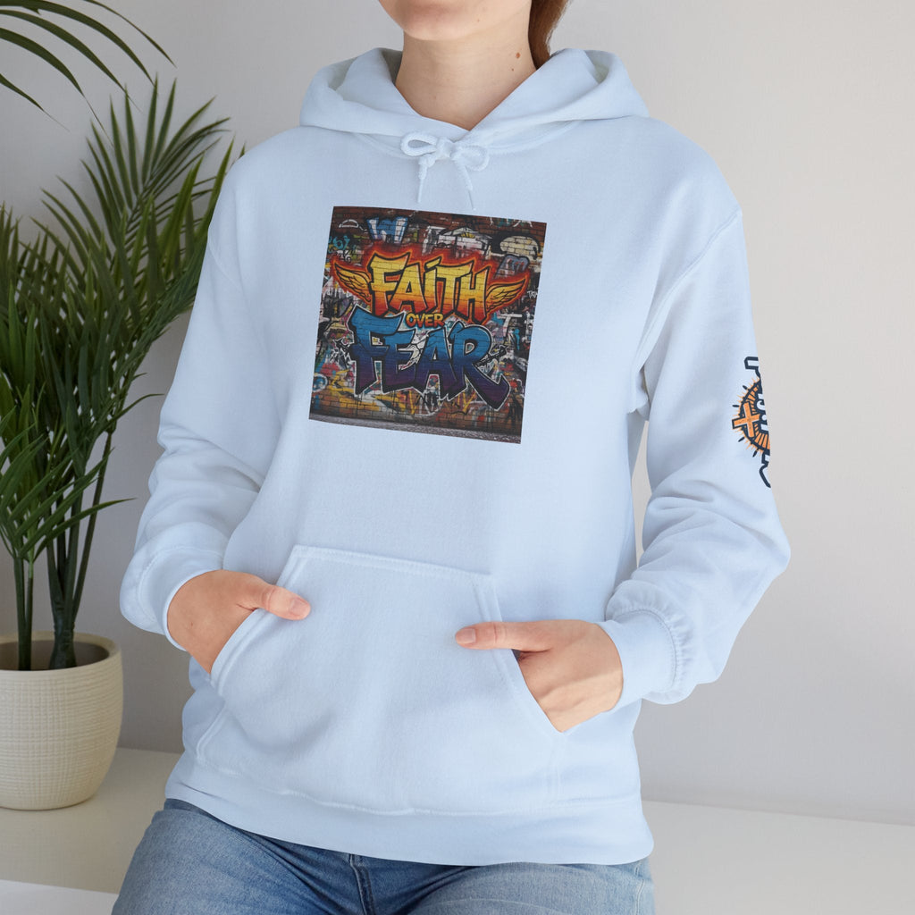 Faith Over Fear Hoodie – Graffiti Wall Christian Sweatshirt for Bold 2 Corinthians 5:7 Streetwear & Unshakable Faith Printify
