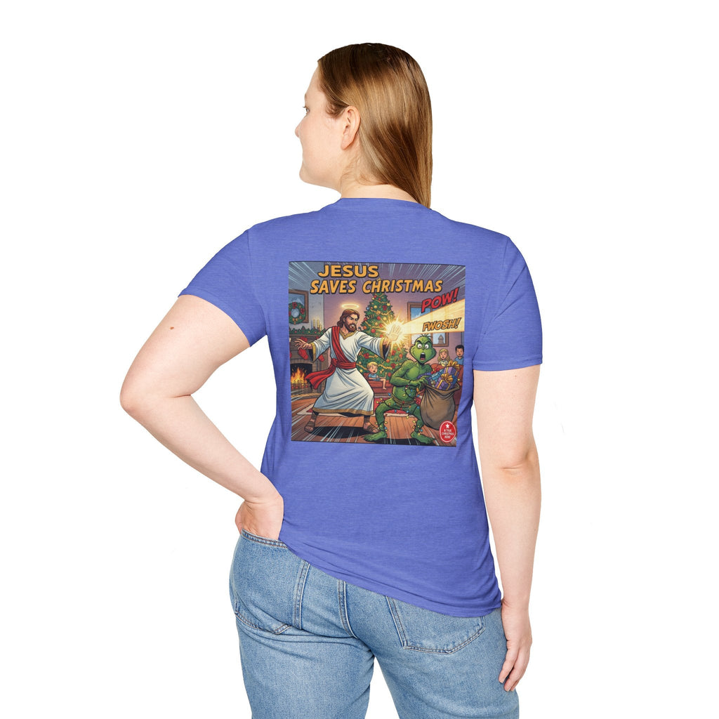 Jesus Saves Christmas T-shirt – Grinch vs Savior Light Battle Christian T-shirt for Hilarious Holiday Faith & True Joy Printify