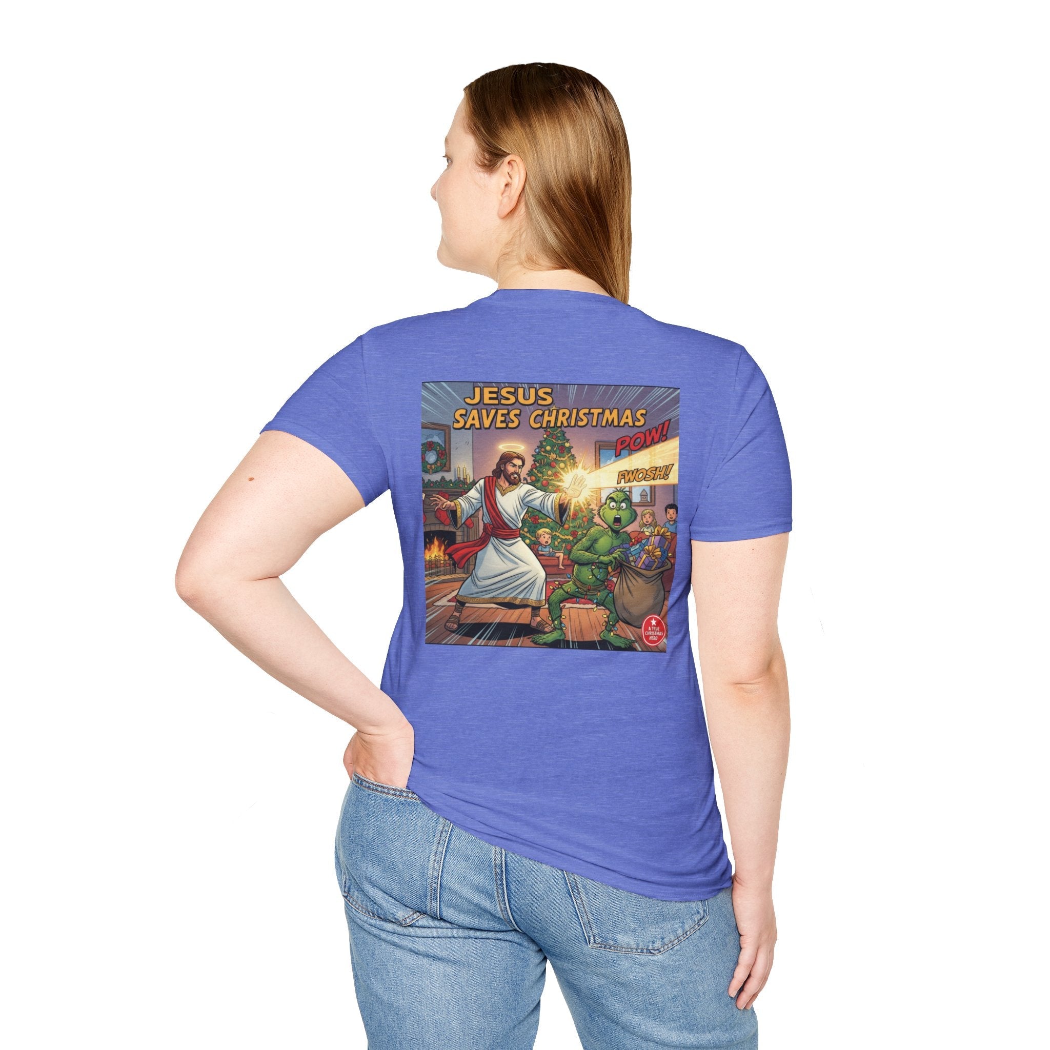 Jesus Saves Christmas T-shirt – Grinch vs Savior Light Battle Christian T-shirt for Hilarious Holiday Faith & True Joy Printify