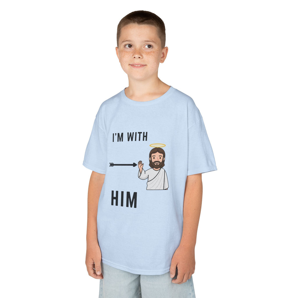 🔥 I’m With Him → Christian Kids T-Shirt | Arrow Pointing to Jesus | Minimalist Faith Tee | Subtle Cross Design | Bible-Inspired Apparel by Uplifted Gear Printify
