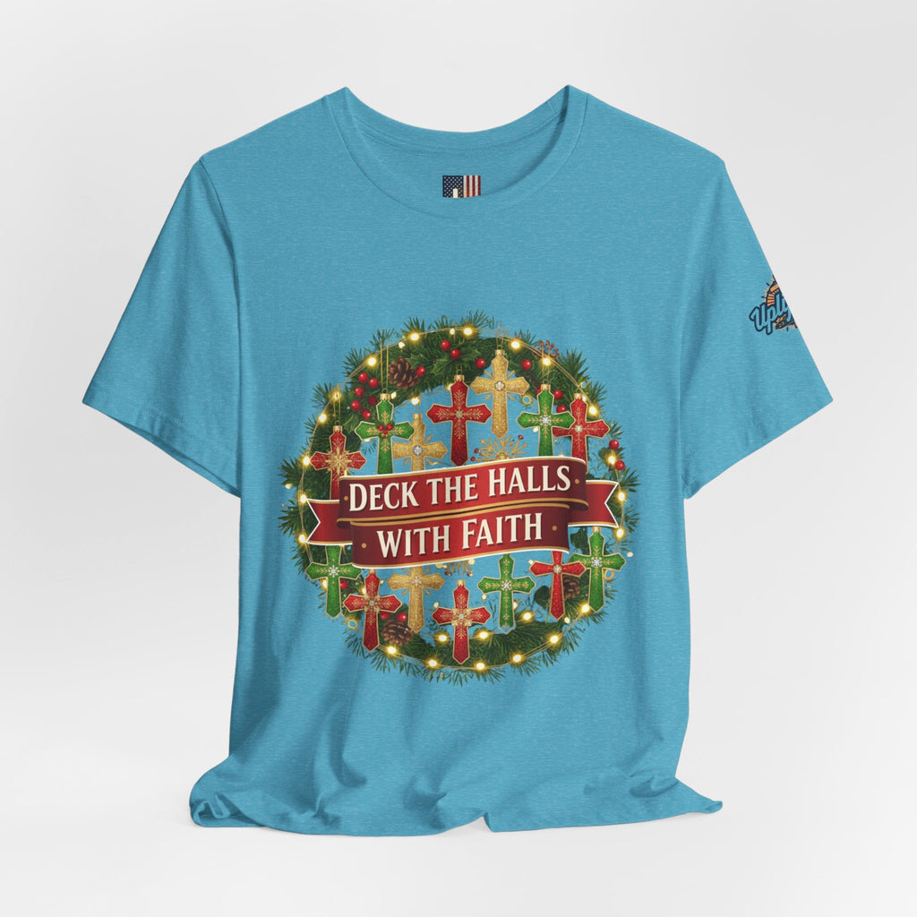 🎄 Deck the Halls with Faith – Christian Christmas T-Shirt | Cross Ornament Design & Festive Garland | Bold Holiday Faith Tee by Uplifted Gear Printify