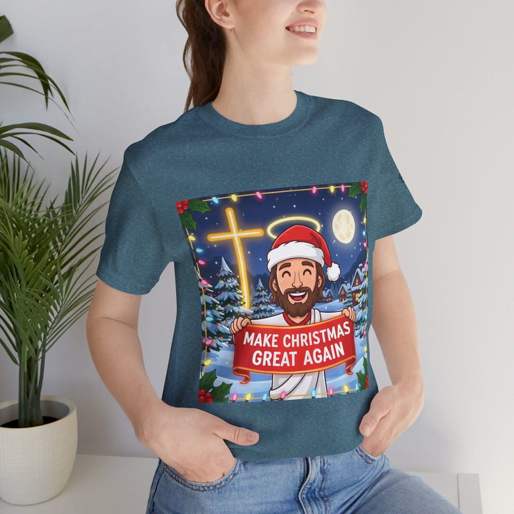 🎄 Make Christmas Great Again – Funny Christian T-Shirt | Jesus Holding Banner | Faith-Based Holiday Parody Tee | Uplifted Gear Printify