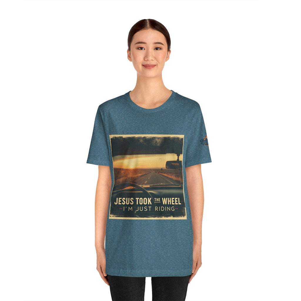 Jesus Took the Wheel I'm Just Riding T-shirt – Funny Christian Convertible Car T-shirt for Surrendered Faith & Humor Printify
