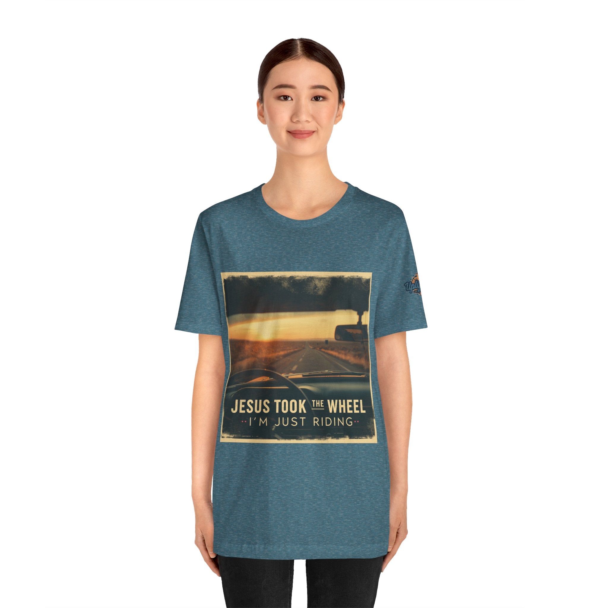 Jesus Took the Wheel I'm Just Riding T-shirt – Funny Christian Convertible Car T-shirt for Surrendered Faith & Humor Printify