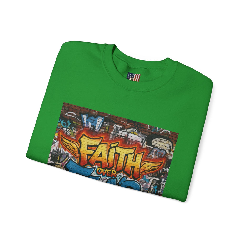 Faith Over Fear Sweatshirt – Graffiti Wall Christian Sweatshirt for Bold 2 Corinthians 5:7 Streetwear & Unshakable Faith Printify