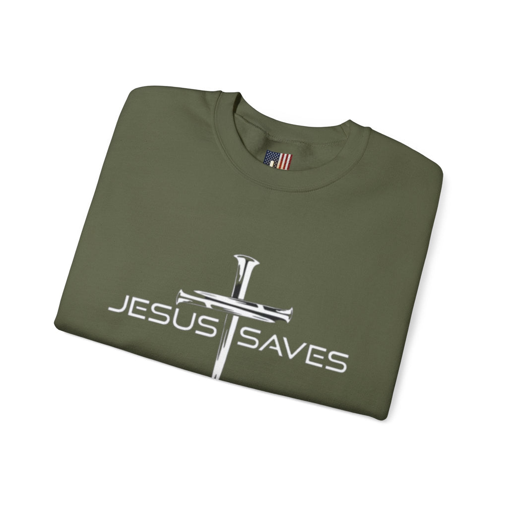 Jesus Saves Sweatshirt – 3 Nails Crucifix Cross Christian Sweatshirt for Redemption Faith & Bold Salvation Printify