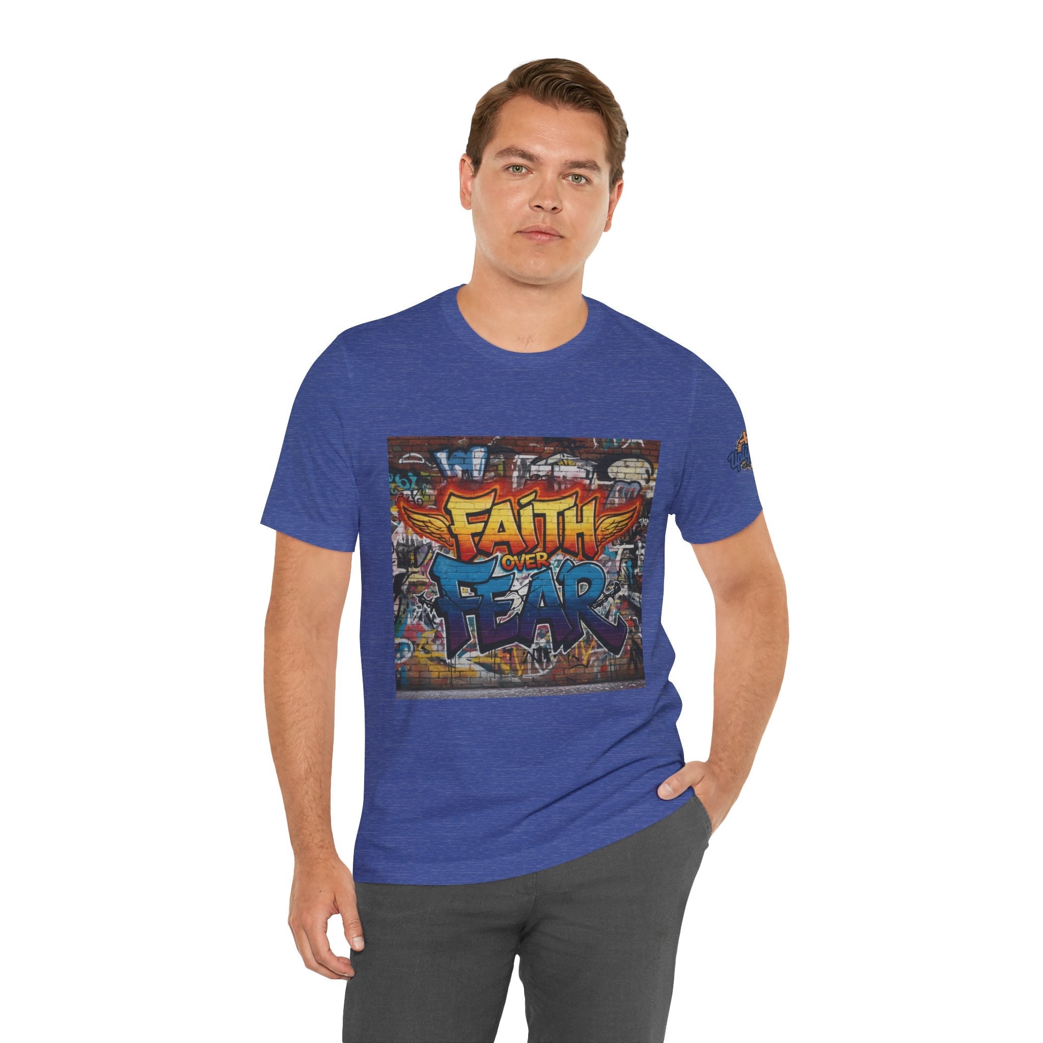 Faith Over Fear T-shirt – Graffiti Wall Christian T-shirt for Bold 2 Corinthians 5:7 Streetwear & Unshakable Faith Printify