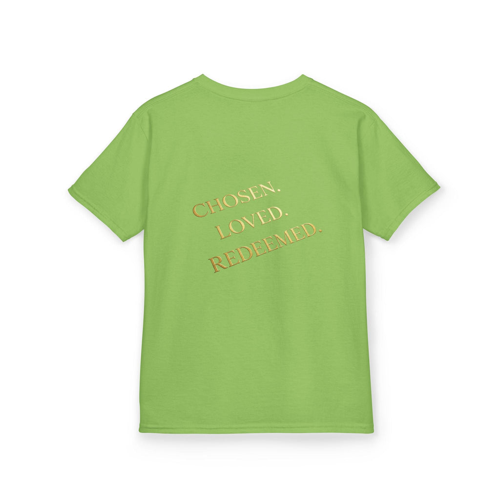 ✨ Chosen. Loved. Redeemed. – Elegant Christian Kids T-Shirt | Gold Foil Faith Tee | Subtle Cross & Heart Design | Inspirational Bible Verse Apparel by Uplifted Gear Printify