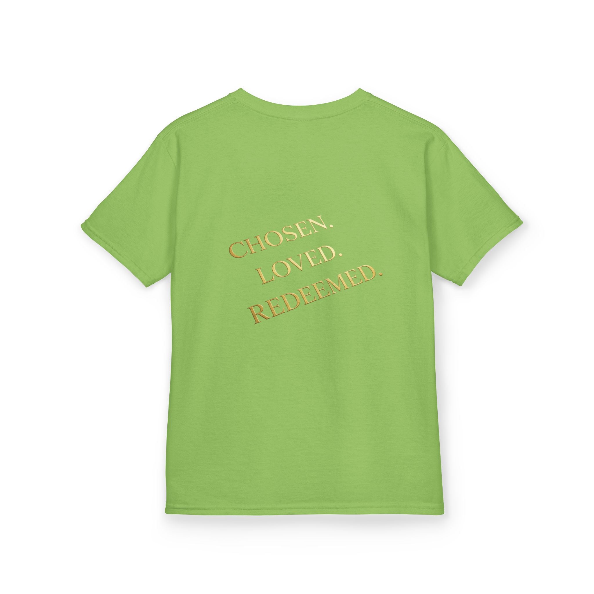 ✨ Chosen. Loved. Redeemed. – Elegant Christian Kids T-Shirt | Gold Foil Faith Tee | Subtle Cross & Heart Design | Inspirational Bible Verse Apparel by Uplifted Gear Printify