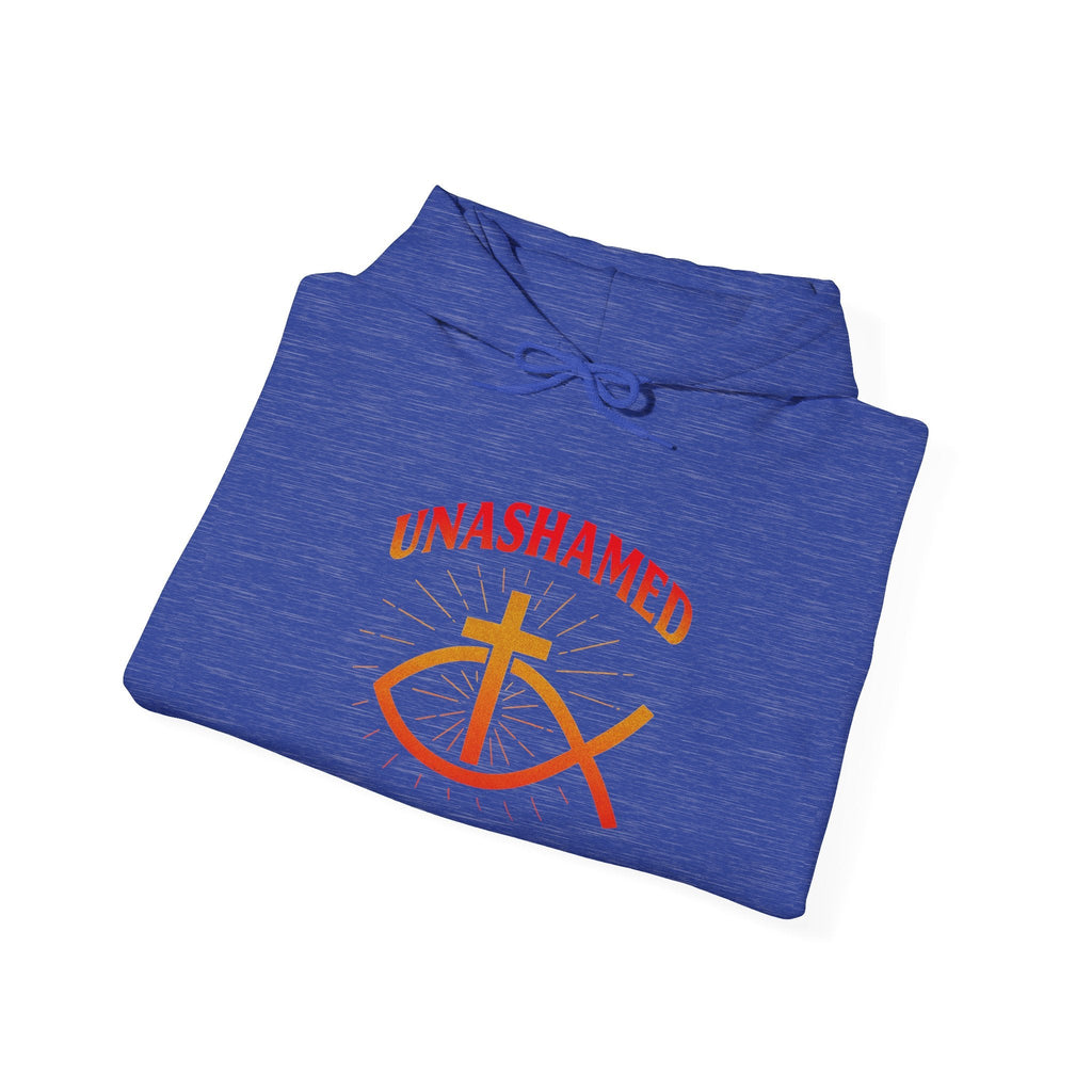 Unashamed Hoodie – Ichthys Jesus Fish & Cross Christian Sweatshirt for Romans 1:16 Bold Faith Printify