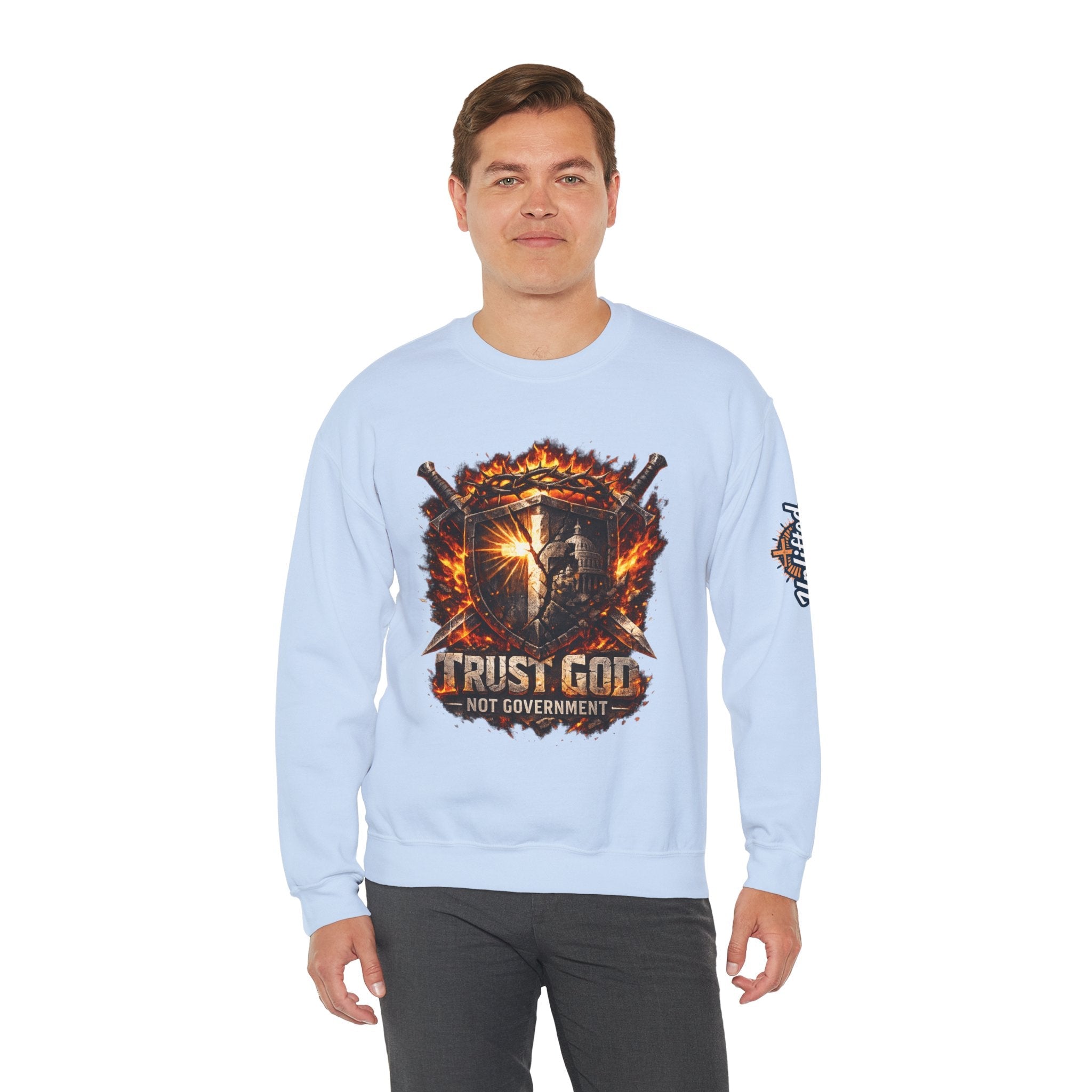 Trust God Not Government Shield Sweatshirt — Patriotic Christian Faith Sweatshirt Printify