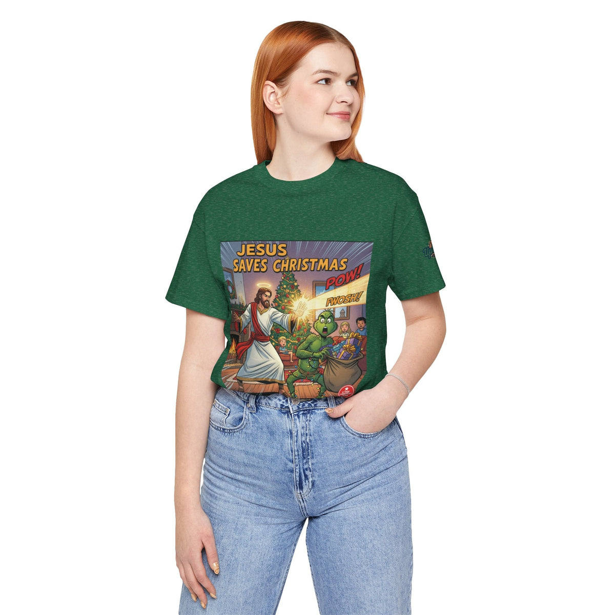 Jesus Saves Christmas T-shirt – Grinch vs Savior Light Battle Christian T-shirt for Hilarious Holiday Faith & True Joy Printify