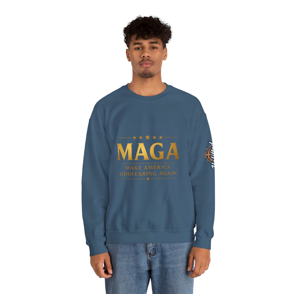 Sweatshirt — "MAGA Make America Godfearing Again" Gold Logo Crewneck Printify